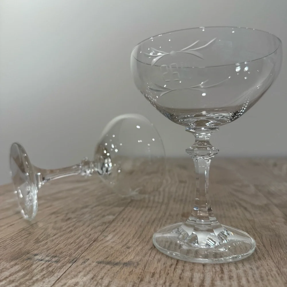 25th Vintage Etched Coupe Glasses Set of 2‎ Anniversary Birthday Celebration